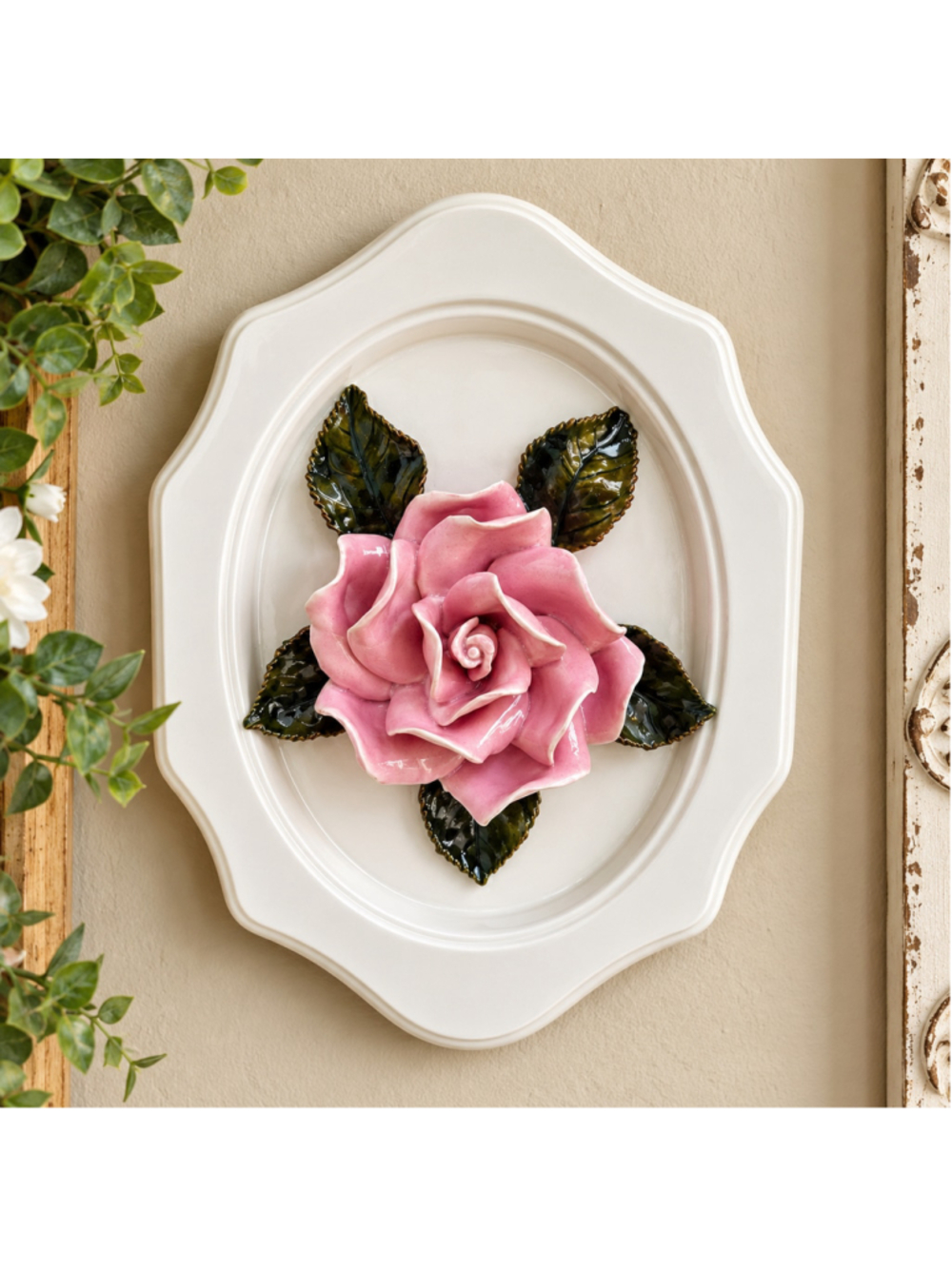 Vintage 1973 Byron Molds Pink Rose Ceramic Porcelain Wall Plaque Floral Decor